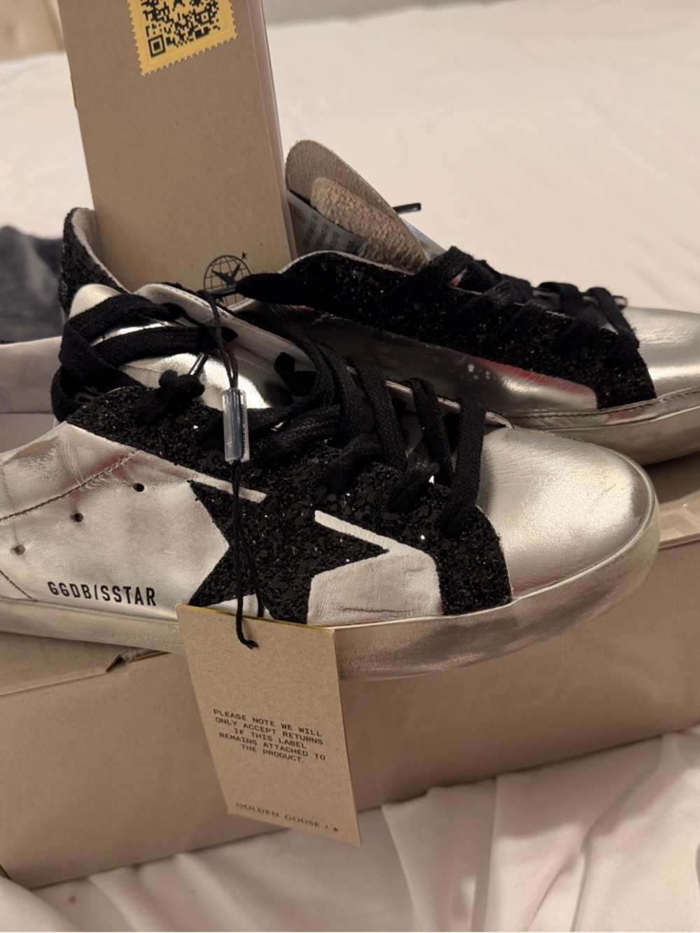 Golden Goose Silver & Black Glitter Star Sneakers - Picture 2 of 6